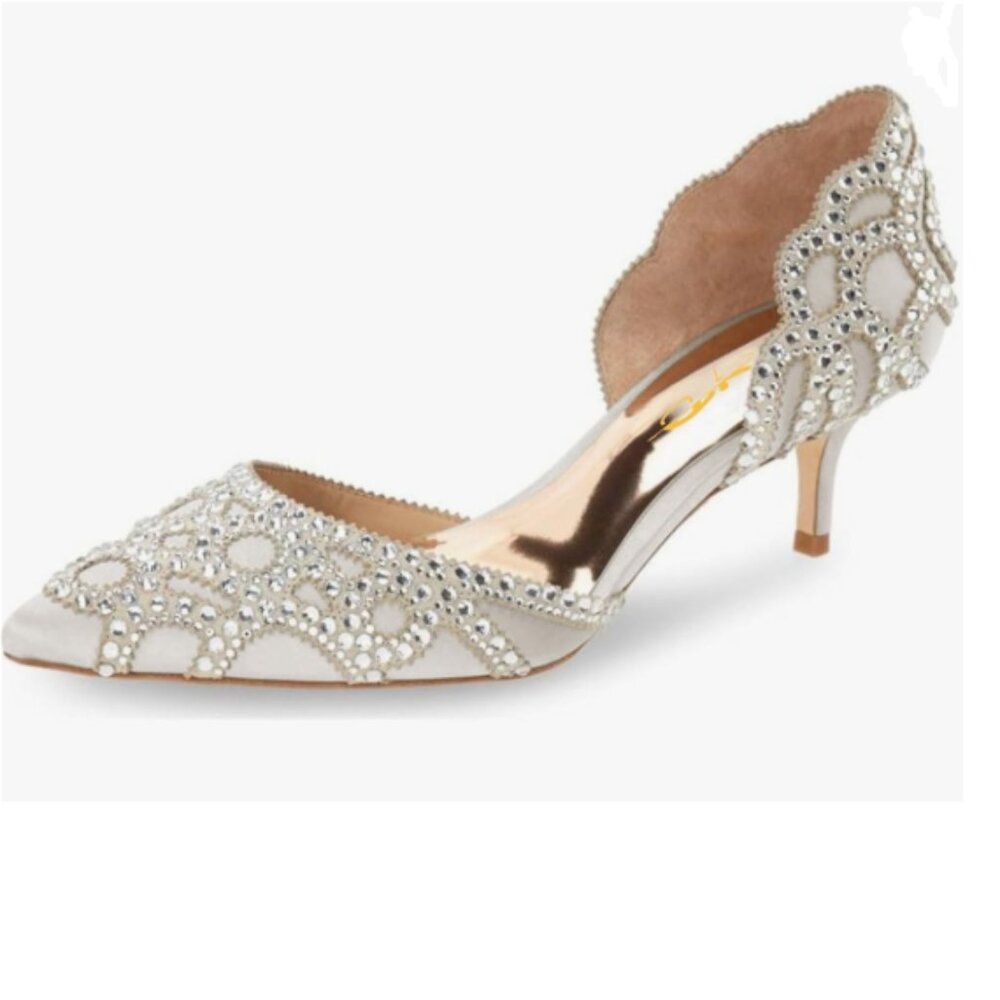 XYD White/Grey Pointed Toe D'Orsay Kitten Heel Rhinestone Studs Slip-On Shoes